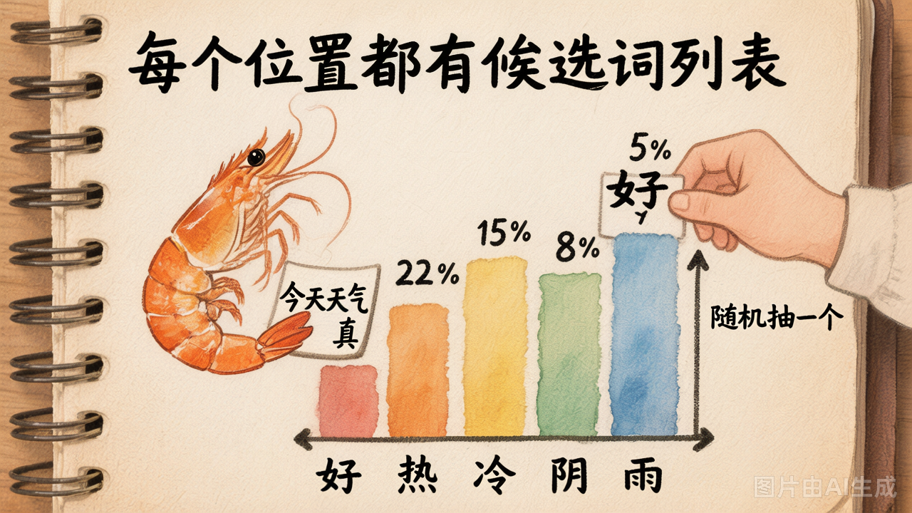 每个位置都有候选词的概率分布，按权重随机抽一个