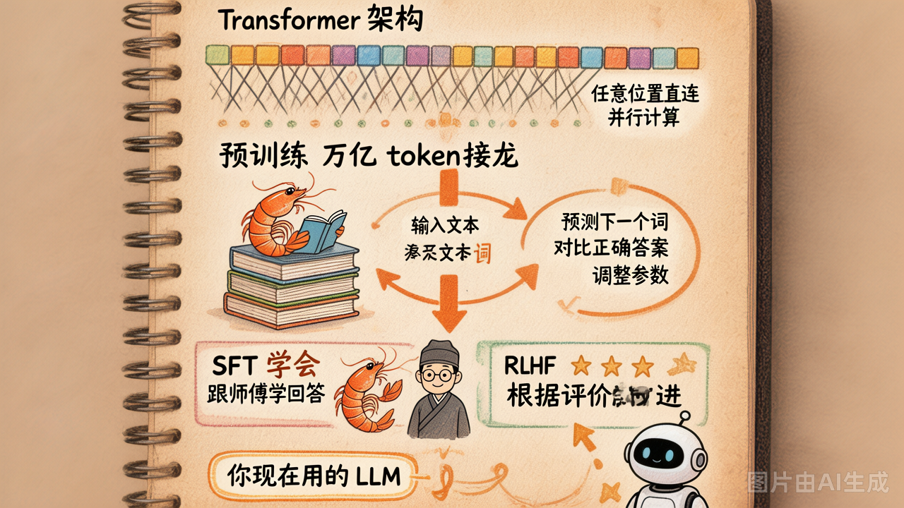Transformer 架构 → 预训练（海量 token 接龙）→ 后训练对齐 → 推理模型与工具系统