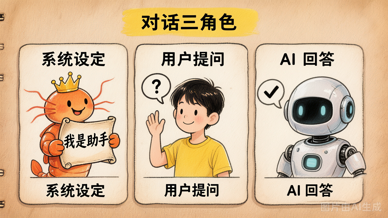 三种角色：System 是身份说明书 / User 提问 / Assistant 回答