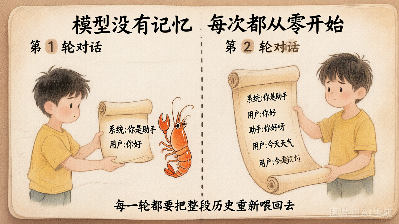 模型无状态：每一轮都要把整段历史重新喂回去