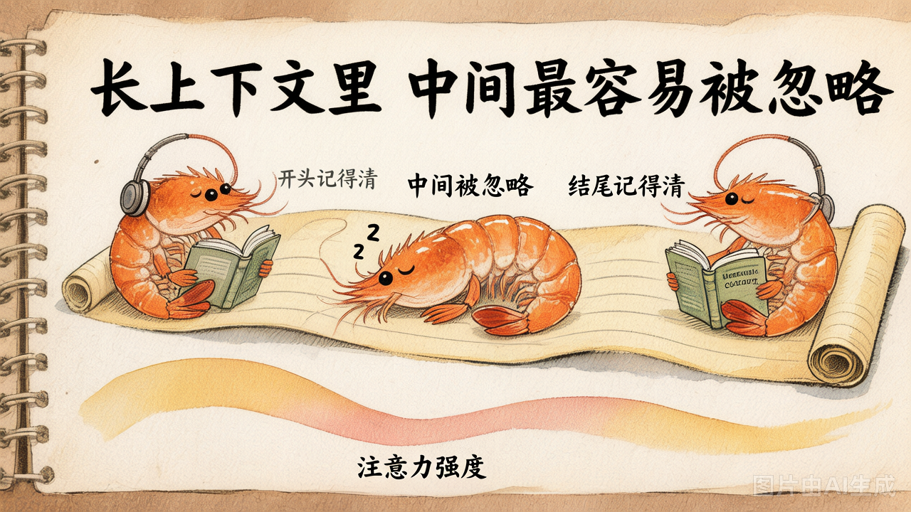 长上下文里中间最容易被忽略，注意力呈 U 形曲线