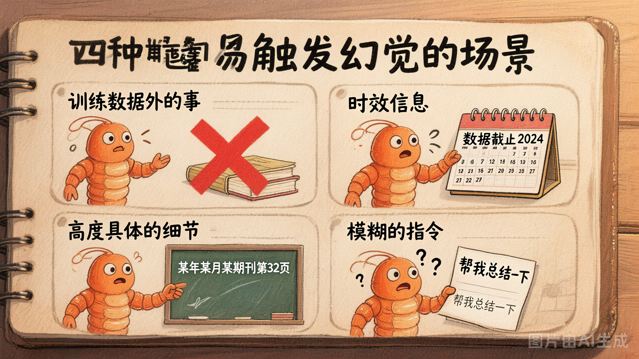 四种最容易触发幻觉的场景：训练外/时效/具体细节/模糊指令