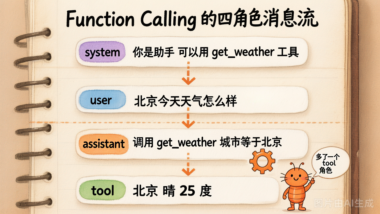 一次完整 function calling 涉及 4 种角色的消息