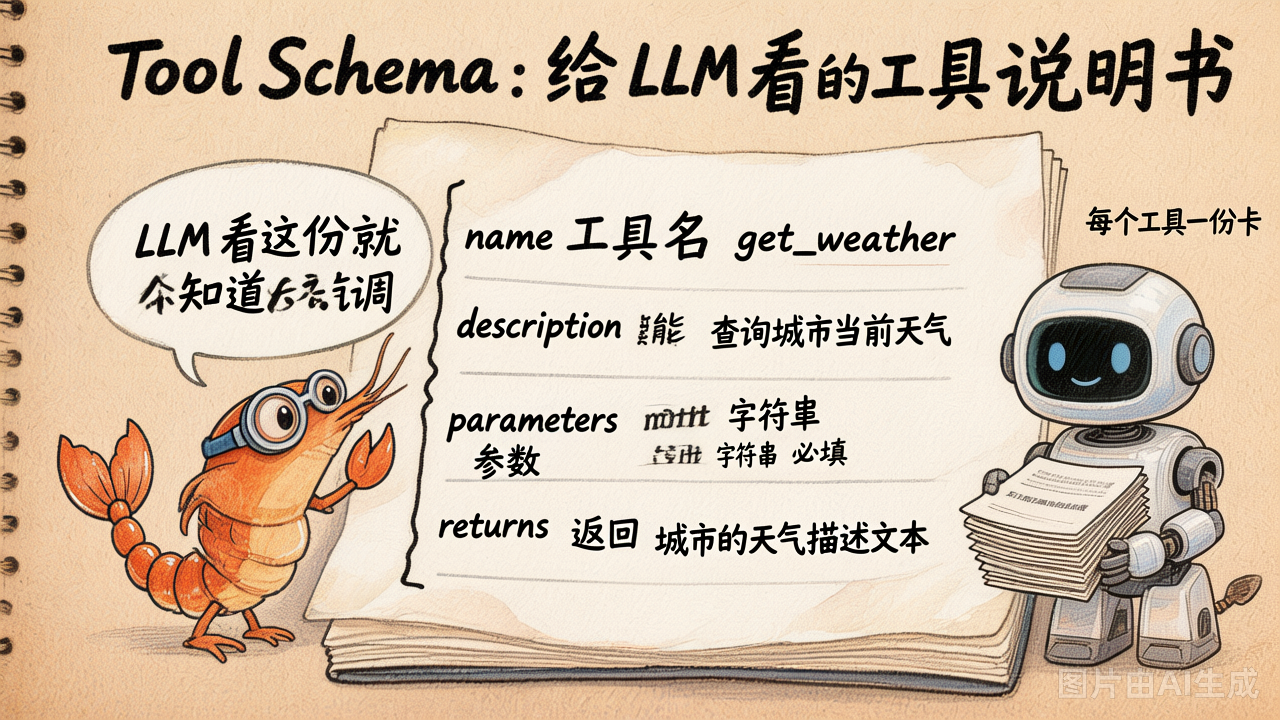 Tool Schema 是给 LLM 看的工具说明书