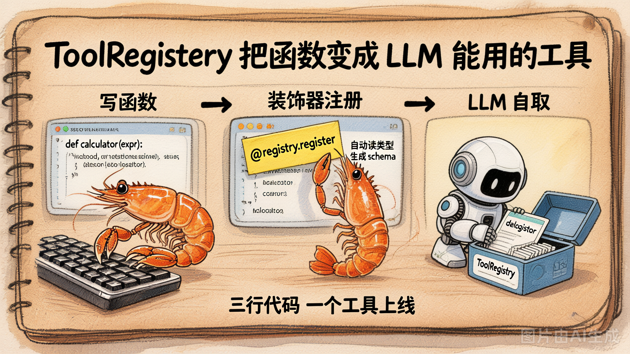 ToolRegistry 三步注册：写函数 → 装饰器 → LLM 自取
